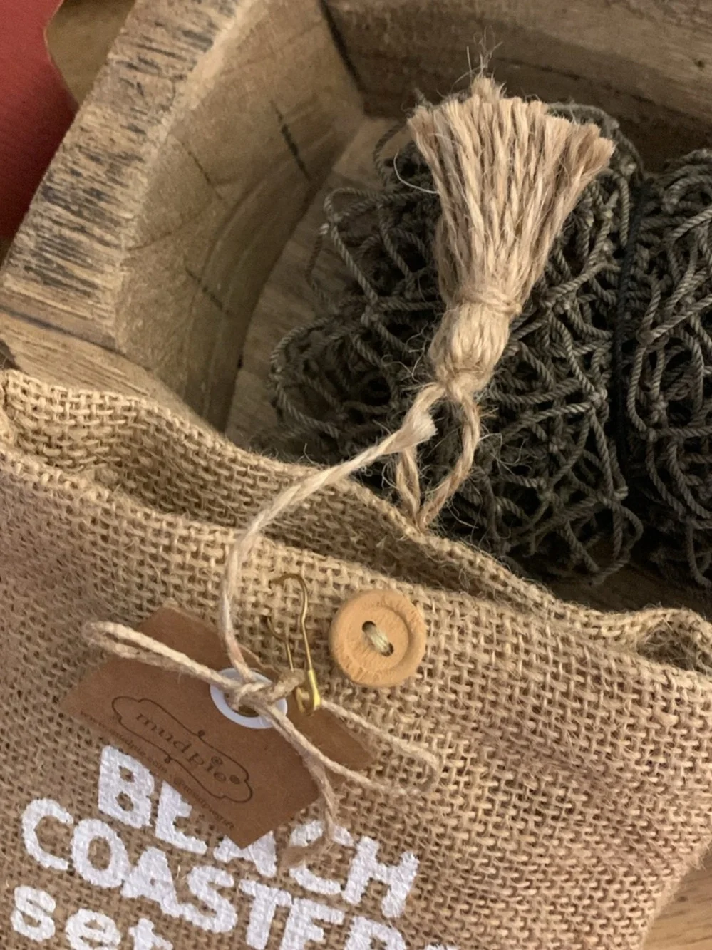 Mud Pie Natural Jute Coaster Set with White Lettering